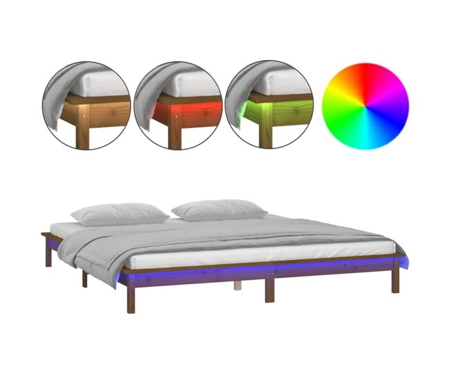 Estructura de cama con led madera maciza marrón miel 140x200 cm