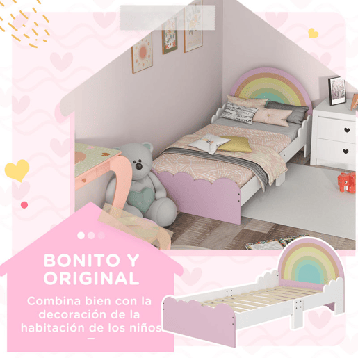 ZONEKIZ Cama para Crianças de 3-6 Anos 143x74x66 cm Cama Infantil de Madeira em Forma de Arco Íris Móvel de Dormitório Moderno Carga 80 kg Rosa