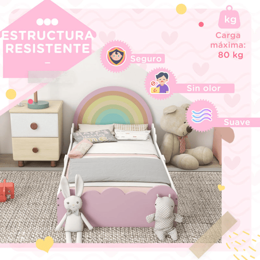 ZONEKIZ Cama para Crianças de 3-6 Anos 143x74x66 cm Cama Infantil de Madeira em Forma de Arco Íris Móvel de Dormitório Moderno Carga 80 kg Rosa