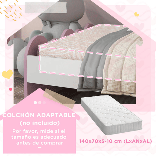 ZONEKIZ Cama para Crianças de 3-6 Anos 143x74x66 cm Cama Infantil de Madeira em Forma de Arco Íris Móvel de Dormitório Moderno Carga 80 kg Rosa