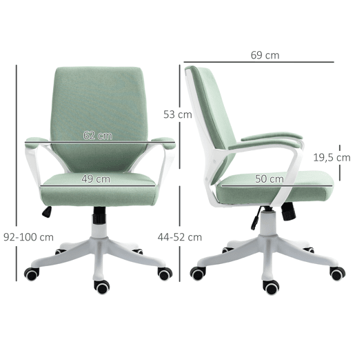 Vinsetto Cadeira de Escritório Giratória Cadeira de Escritório Ergonómica com Altura Ajustável Apoio para os Braços Acolchoado e Suporte Lombar Carga Máxima 120 kg 62x69x92-100 cm Verde