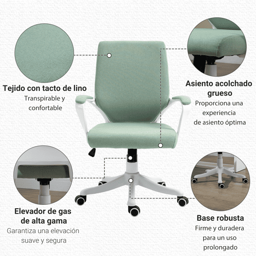 Vinsetto Cadeira de Escritório Giratória Cadeira de Escritório Ergonómica com Altura Ajustável Apoio para os Braços Acolchoado e Suporte Lombar Carga Máxima 120 kg 62x69x92-100 cm Verde