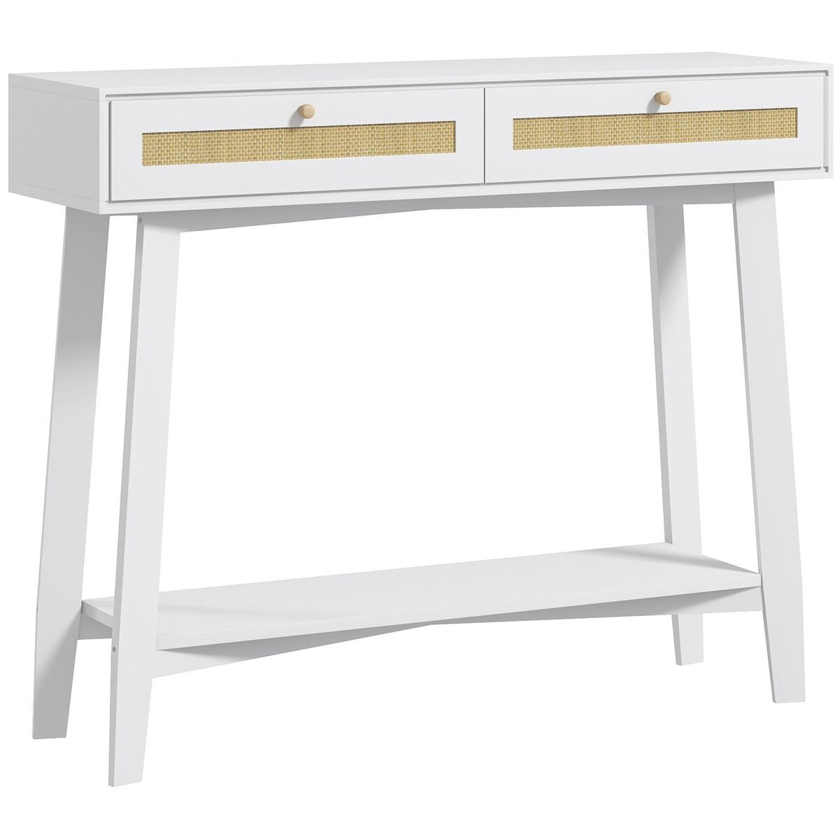 Homcom mesa consola recibidor mesa de entrada con 2 cajones de diseño de ratán y estante abierto para salón pasillo 100x30x81 cm blanco