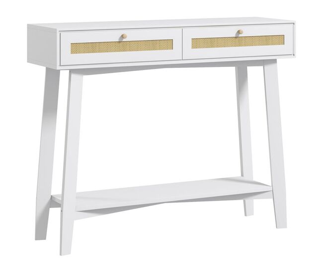 Homcom mesa consola recibidor mesa de entrada con 2 cajones de diseño de ratán y estante abierto para salón pasillo 100x30x81 cm blanco