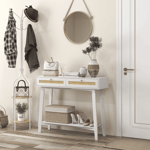 HOMCOM Mesa Consola para Entrada Mesa de Entrada com 2 Gavetas de Desenho de Vime e Prateleira Aberta para Sala Corredor 100x30x81 cm Branco