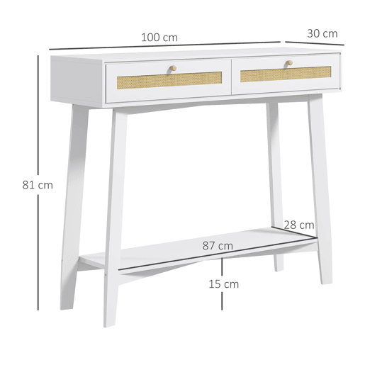 HOMCOM Mesa Consola para Entrada Mesa de Entrada com 2 Gavetas de Desenho de Vime e Prateleira Aberta para Sala Corredor 100x30x81 cm Branco