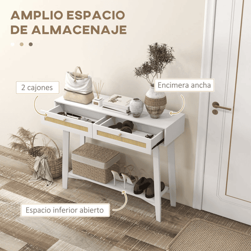 HOMCOM Mesa Consola para Entrada Mesa de Entrada com 2 Gavetas de Desenho de Vime e Prateleira Aberta para Sala Corredor 100x30x81 cm Branco