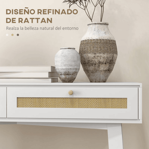 HOMCOM Mesa Consola para Entrada Mesa de Entrada com 2 Gavetas de Desenho de Vime e Prateleira Aberta para Sala Corredor 100x30x81 cm Branco