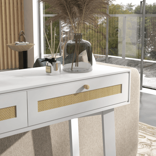 HOMCOM Mesa Consola para Entrada Mesa de Entrada com 2 Gavetas de Desenho de Vime e Prateleira Aberta para Sala Corredor 100x30x81 cm Branco