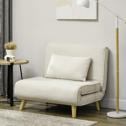 HOMCOM Poltrona 2 em 1 Sofá Cama Individual Dobrável com Encosto Ajustável e Almofada para Sala de Estar Dormitório Escritório Carga 125 kg 90x78x79 cm Bege