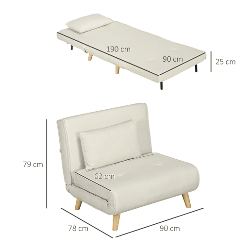 HOMCOM Poltrona 2 em 1 Sofá Cama Individual Dobrável com Encosto Ajustável e Almofada para Sala de Estar Dormitório Escritório Carga 125 kg 90x78x79 cm Bege