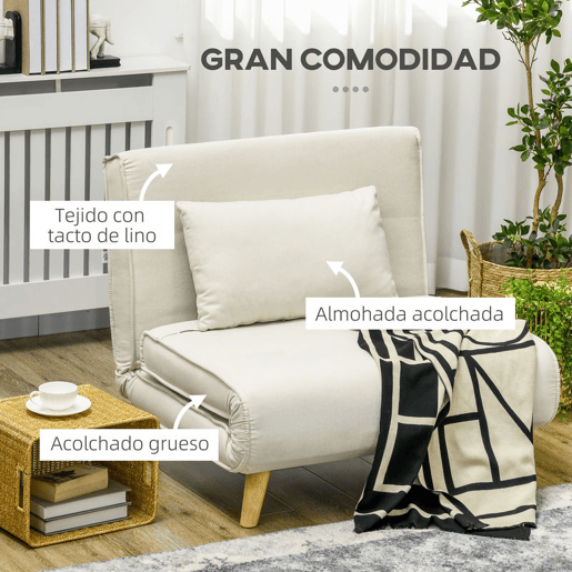 HOMCOM Poltrona 2 em 1 Sofá Cama Individual Dobrável com Encosto Ajustável e Almofada para Sala de Estar Dormitório Escritório Carga 125 kg 90x78x79 cm Bege