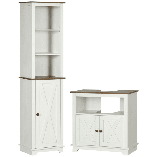 kleankin Conjunto de Casa de Banho com Coluna para Casa de Banho com Prateleiras Ajustável e Móvel para Lavatório Pousar com 2 Portas Anti-Tombo 39,5x30x160 cm 60x30x60 cm Branco e Madeira