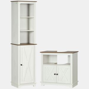 kleankin Conjunto de Casa de Banho com Coluna para Casa de Banho com Prateleiras Ajustável e Móvel para Lavatório Pousar com 2 Portas Anti-Tombo 39,5x30x160 cm 60x30x60 cm Branco e Madeira