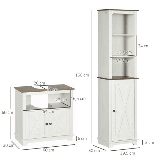 kleankin Conjunto de Casa de Banho com Coluna para Casa de Banho com Prateleiras Ajustável e Móvel para Lavatório Pousar com 2 Portas Anti-Tombo 39,5x30x160 cm 60x30x60 cm Branco e Madeira