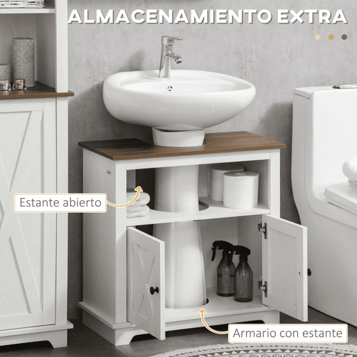 kleankin Conjunto de Casa de Banho com Coluna para Casa de Banho com Prateleiras Ajustável e Móvel para Lavatório Pousar com 2 Portas Anti-Tombo 39,5x30x160 cm 60x30x60 cm Branco e Madeira