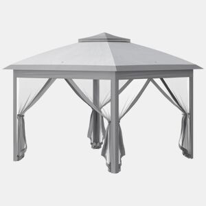 Outsunny Tenda Dobrável Exterior 3,3x3,3 m com Altura Ajustável Tenda de Jardim com Teto Duplo 4 Mosquiteiras Removíveis e Bolsa de Transporte para Acampamento Festas Cinza
