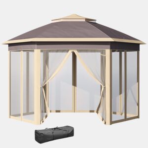 Outsunny Tenda Dobrável 4,05x3,4x2,85 m Tenda de Jardim Hexagonal com Duplo Teto 6 Mosquiteiras Amovíveis Bolsa de Transporte Altura Ajustável e Anti-UV para Festa Pátio Bege