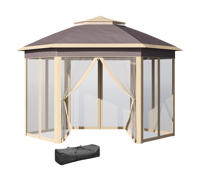 Outsunny carpa plegable 4x3,4x2,85 m cenador de jardín hexagonal con doble techo 6 mosquiteras desmontables bolsa de transporte altura ajustable en 3 niveles y anti-uv gazebo para fiesta patio beige