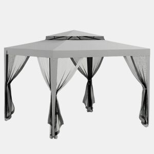 Outsunny Pérgola de Jardim 297x297x268 cm Pérgola com 4 Redes Mosquiteiras Laterais com Fecho de Correr Teto de Ventilação e 8 Orifícios de Drenagem Pérgola para Terraço Pátio Exterior Cinza