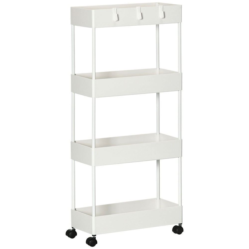 Homcom carro de cocina de almacenamiento delgado de 4 niveles carrito auxiliar con ruedas 4 cestas y 4 ganchos extraíbles carrito de cocina para comedor baño salón 40x19x90 cm blanco