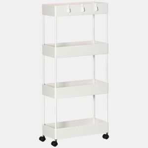 HOMCOM Carrinho de Cozinha Estreito de 4 Níveis com Rodas, 4 Cestos e 4 Ganchos Removíveis, Carrinho Auxiliar para Cozinha, Sala de Jantar, Casa de Banho ou Sala, 40x19x90 cm, Branco