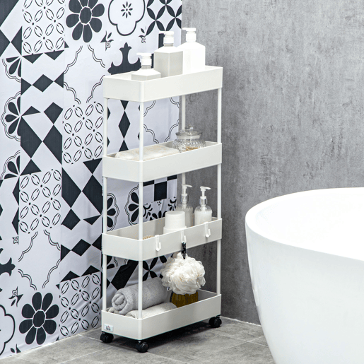 HOMCOM Carrinho de Cozinha Estreito de 4 Níveis com Rodas, 4 Cestos e 4 Ganchos Removíveis, Carrinho Auxiliar para Cozinha, Sala de Jantar, Casa de Banho ou Sala, 40x19x90 cm, Branco