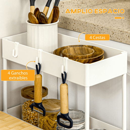 HOMCOM Carrinho de Cozinha Estreito de 4 Níveis com Rodas, 4 Cestos e 4 Ganchos Removíveis, Carrinho Auxiliar para Cozinha, Sala de Jantar, Casa de Banho ou Sala, 40x19x90 cm, Branco