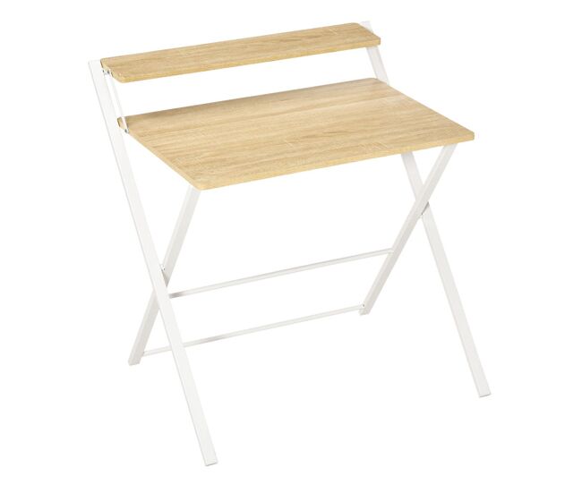 Homcom mesa de escritorio plegable mesa de estudio con estante superior estilo moderno para sala oficina dormitorio 81,5x70x84 cm natural y blanco