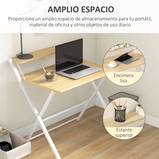 HOMCOM Secretária Dobrável Mesa de Estúdio com Prateleira Superior Estilo Moderno para Sala de Estar Escritório Dormitório 81,5x70x84 cm Madeira e Branco