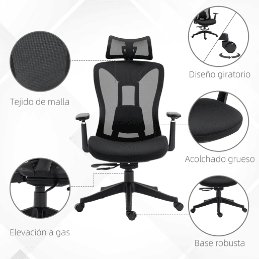 Vinsetto Cadeira de Escritório de Malha Cadeira de Escritório Reclinável com Apoio para a Cabeça Ajustável Suporte Lombar e Apoio para os Braços Carga 150 kg 70x66x120-128 cm Preto