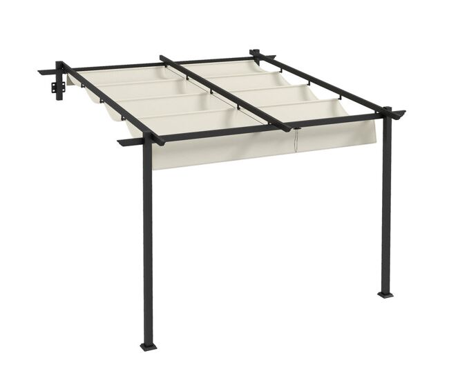 Outsunny pérgola de pared 3x3 m cenador de jardín con techo retráctil de poliéster y marco de acero para celebraciones fiestas bodas crema y gris oscuro