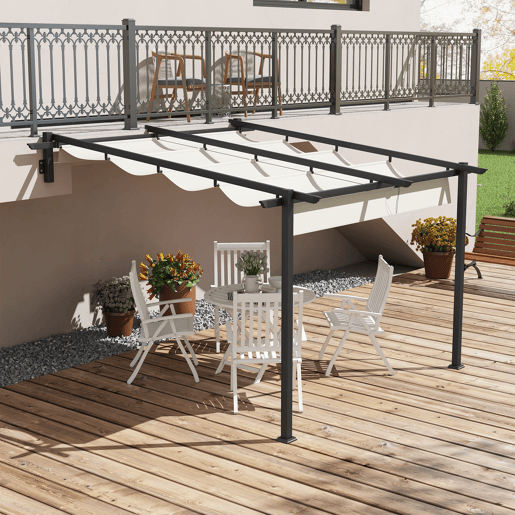 Outsunny Pérgola de Parede 3x3 m Pérgola de Jardim com Teto Retrátil de Poliéster e Estrutura de Aço para Festas Casamentos Creme e Cinza Escuro Outsunny Pérgola de Parede 3x3 m Pérgola de Jardim com Teto Retrátil de Poliéster e Estrutura de Aço para Festas Casamentos Creme e Cinza Escuro