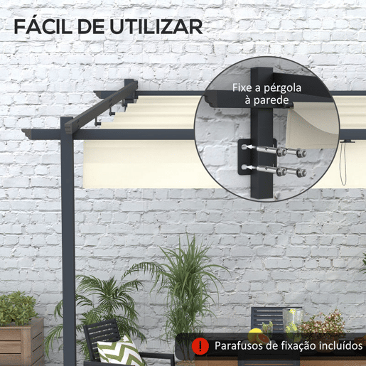 Outsunny Pérgola de Parede 3x3 m Pérgola de Jardim com Teto Retrátil de Poliéster e Estrutura de Aço para Festas Casamentos Creme e Cinza Escuro Outsunny Pérgola de Parede 3x3 m Pérgola de Jardim com Teto Retrátil de Poliéster e Estrutura de Aço para Festas Casamentos Creme e Cinza Escuro