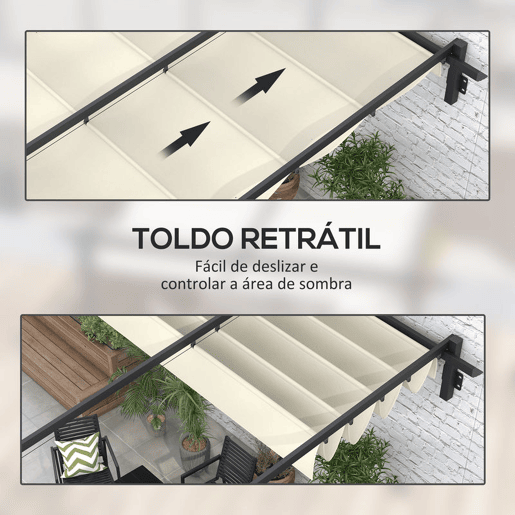 Outsunny Pérgola de Parede 3x3 m Pérgola de Jardim com Teto Retrátil de Poliéster e Estrutura de Aço para Festas Casamentos Creme e Cinza Escuro Outsunny Pérgola de Parede 3x3 m Pérgola de Jardim com Teto Retrátil de Poliéster e Estrutura de Aço para Festas Casamentos Creme e Cinza Escuro