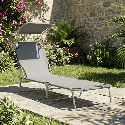 Outsunny Espreguiçadeira de Jardim Dobrável com Toldo Removível e Ajustável em Ângulo e Encosto Ajustável em 4 Posições para Jardim Terraço Campismo Exterior 187x58x36 cm Cinza Claro