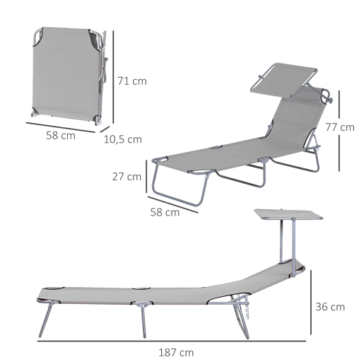 Outsunny Espreguiçadeira de Jardim Dobrável com Toldo Removível e Ajustável em Ângulo e Encosto Ajustável em 4 Posições para Jardim Terraço Campismo Exterior 187x58x36 cm Cinza Claro