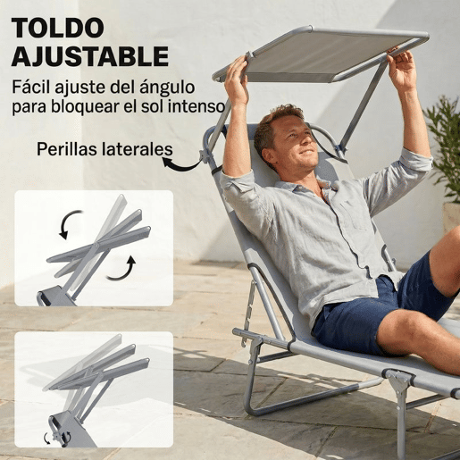 Outsunny Espreguiçadeira de Jardim Dobrável com Toldo Removível e Ajustável em Ângulo e Encosto Ajustável em 4 Posições para Jardim Terraço Campismo Exterior 187x58x36 cm Cinza Claro
