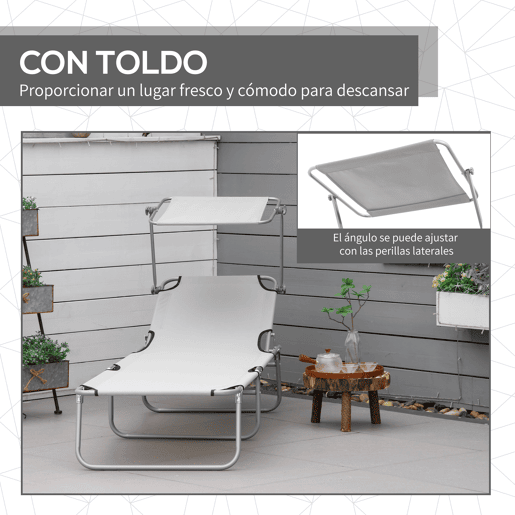 Outsunny Espreguiçadeira de Jardim Dobrável com Toldo Removível e Ajustável em Ângulo e Encosto Ajustável em 4 Posições para Jardim Terraço Campismo Exterior 187x58x36 cm Cinza Claro