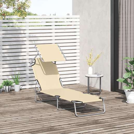 Outsunny Espreguiçadeira de Jardim Dobrável com Toldo Removível e Ajustável em Ângulo e Encosto Ajustável em 4 Posições para Jardim Terraço Campismo Exterior 187x58x36 cm Bege