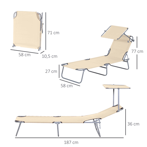 Outsunny Espreguiçadeira de Jardim Dobrável com Toldo Removível e Ajustável em Ângulo e Encosto Ajustável em 4 Posições para Jardim Terraço Campismo Exterior 187x58x36 cm Bege