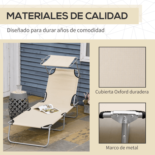 Outsunny Espreguiçadeira de Jardim Dobrável com Toldo Removível e Ajustável em Ângulo e Encosto Ajustável em 4 Posições para Jardim Terraço Campismo Exterior 187x58x36 cm Bege