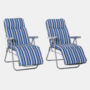 Outsunny Pack de 2 Espreguiçadeiras Dobráveis de Jardim para Exterior com Almofada Acolchoada, Encosto Ajustável em 5 Posições, Apoio para Pés e Estrutura de Aço, 60x75x65-102 cm, Riscas Azuis
