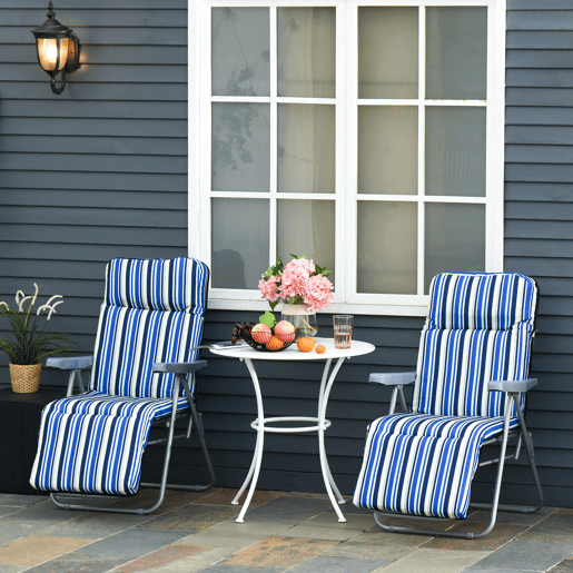 Outsunny Pack de 2 Espreguiçadeiras Dobráveis de Jardim para Exterior com Almofada Acolchoada, Encosto Ajustável em 5 Posições, Apoio para Pés e Estrutura de Aço, 60x75x65-102 cm, Riscas Azuis