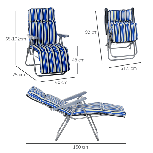Outsunny Pack de 2 Espreguiçadeiras Dobráveis de Jardim para Exterior com Almofada Acolchoada, Encosto Ajustável em 5 Posições, Apoio para Pés e Estrutura de Aço, 60x75x65-102 cm, Riscas Azuis