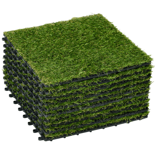 Outsunny Relva Artificial 30x30cm 10 Peças com Altura de 25mm Alta Densidade 6500 Relva Artificial de Encaixe para Exterior Pátio Terraço Verde