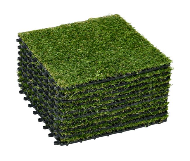 Outsunny césped artificial de 10 piezas 30x30 cm alfombra césped artificial con altura de hierba 25 mm anti-uv fácil instalación buen drenaje para jardín escuela patio verde oscuro