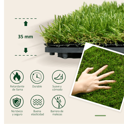 Outsunny Relva Artificial 30x30cm 10 Peças com Altura de 25mm Alta Densidade 6500 Relva Artificial de Encaixe para Exterior Pátio Terraço Verde