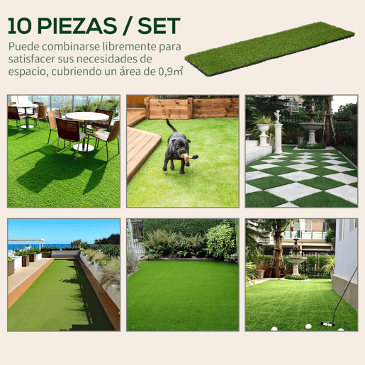 Outsunny Relva Artificial 30x30cm 10 Peças com Altura de 25mm Alta Densidade 6500 Relva Artificial de Encaixe para Exterior Pátio Terraço Verde