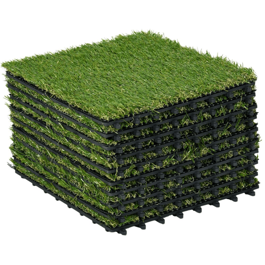 Outsunny Relva Artificial 30x30cm 10 Peças com Altura de 25mm Alta Densidade 11000 Relva Artificial de Encaixe para Exterior Pátio Terraço Verde